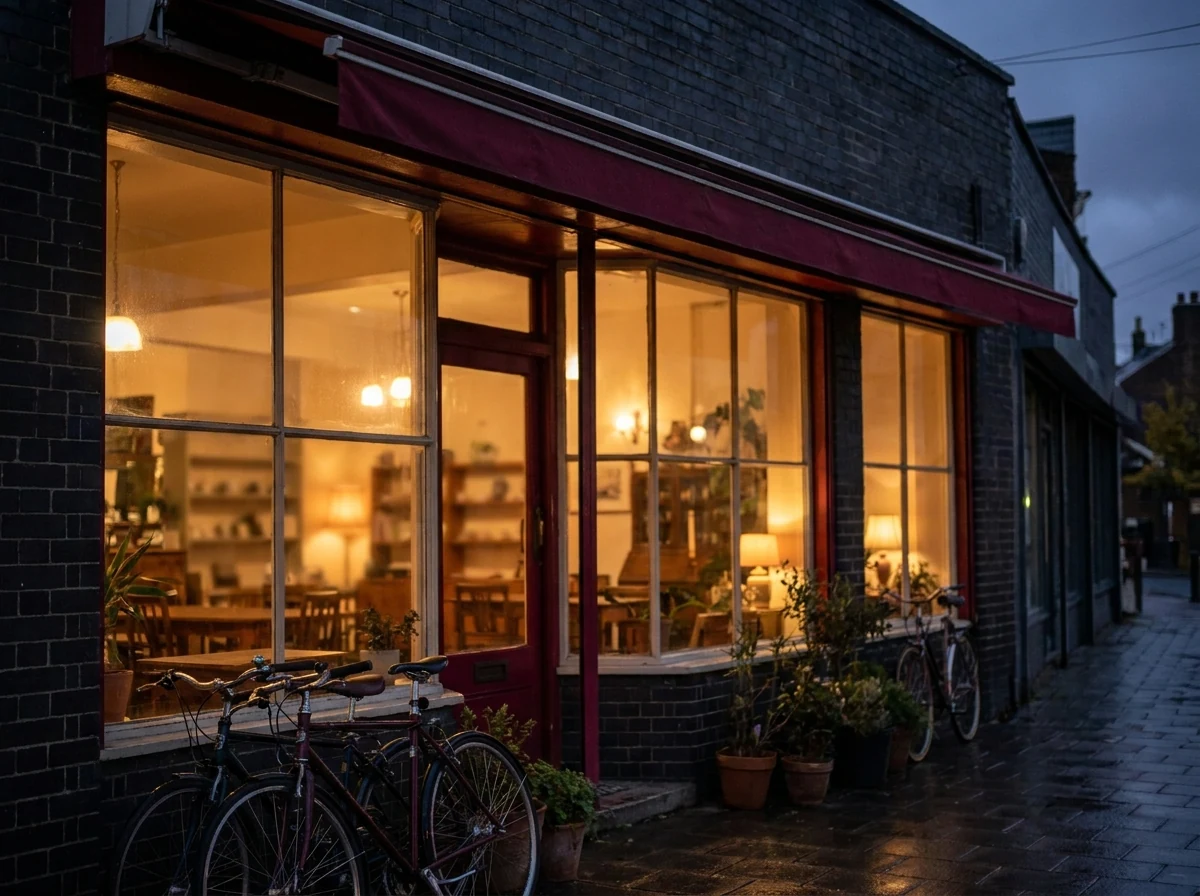 A warm, inviting local-business storefront glowing at dusk