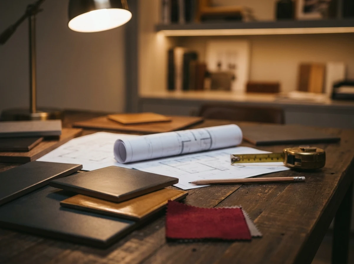 Architectural blueprints and material samples for a custom build