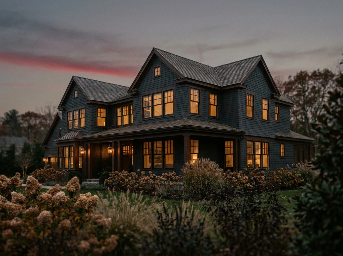 A finished custom New England home at dusk