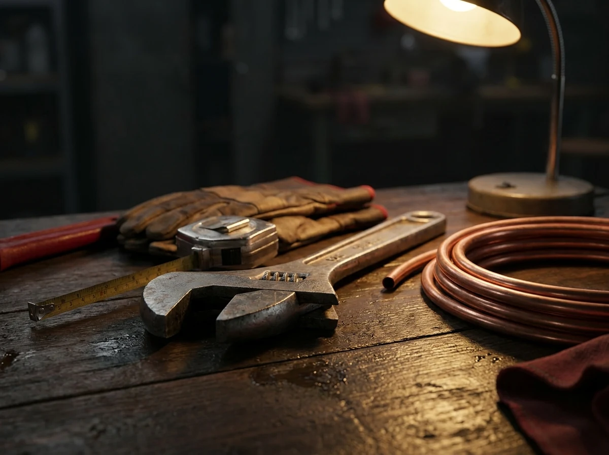 A home-services tradesperson’s tools laid out on a workbench