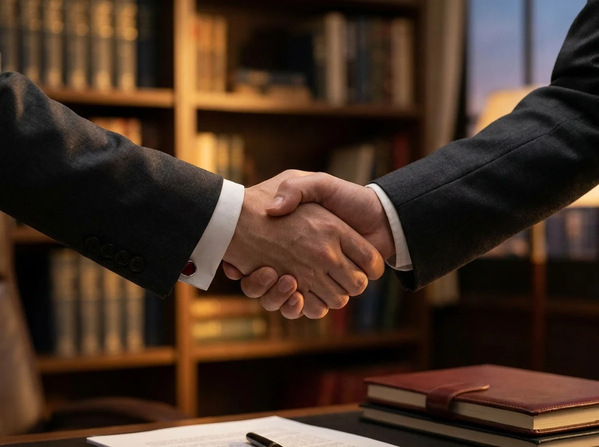A business handshake in a warm office