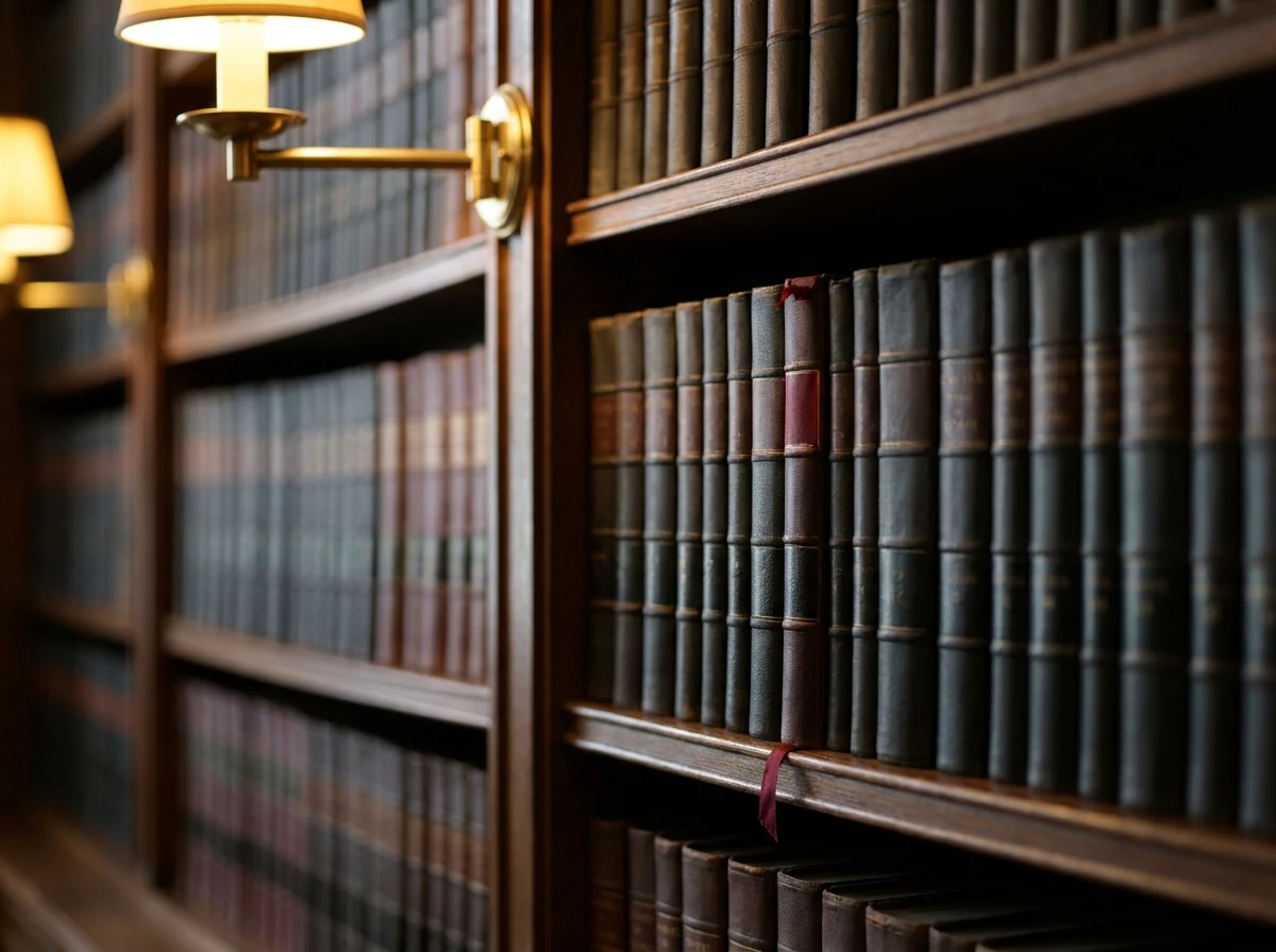 Rows of leather-bound law books on a shelf