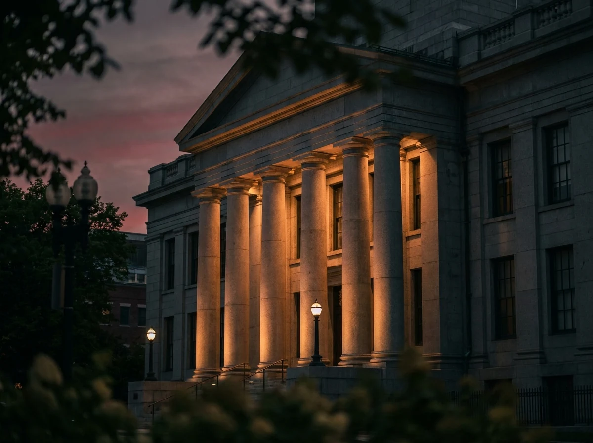 A New England courthouse facade at dusk