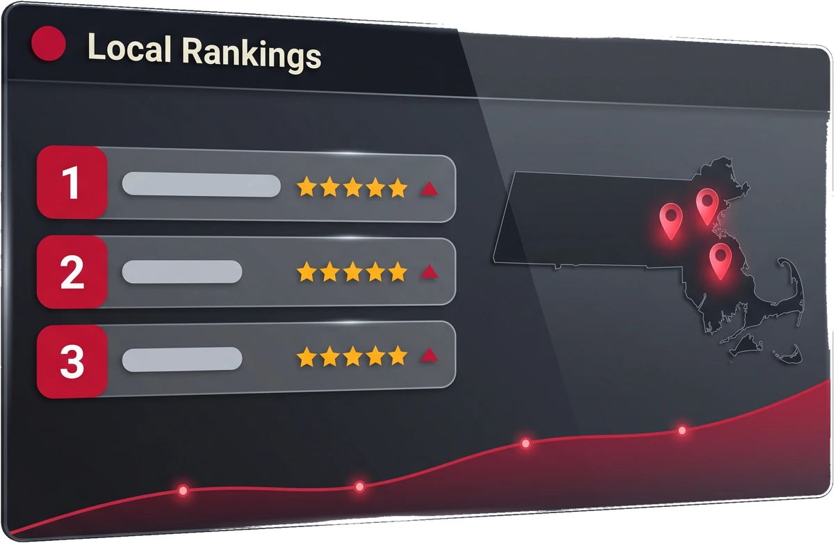 Local map-pack ranking dashboard tracking a Massachusetts business, with a Massachusetts map and rising trend