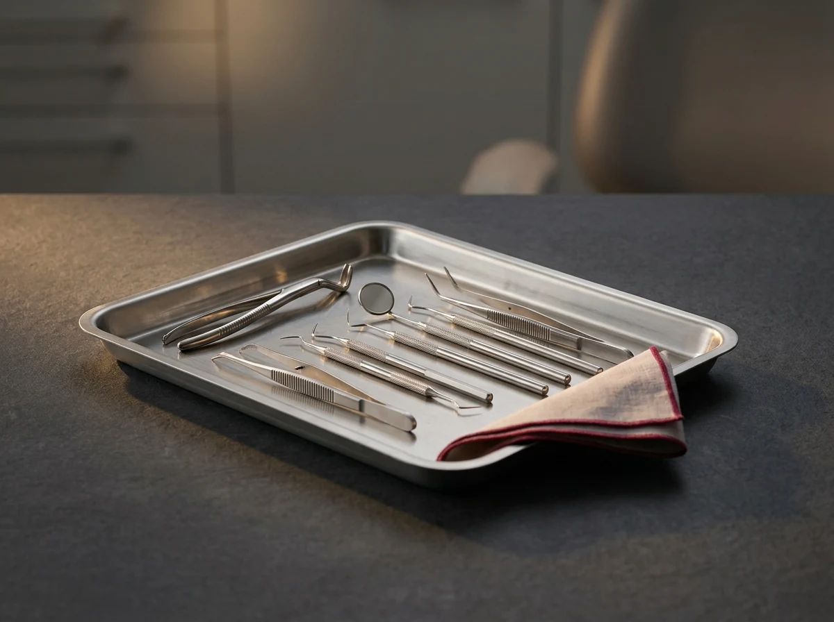 A tray of clean stainless dental and medical instruments