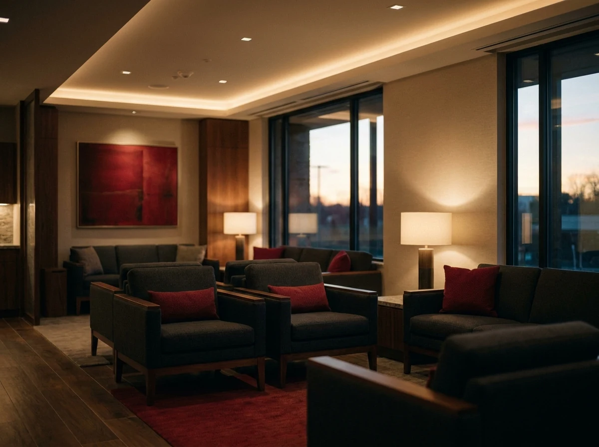 A calm, welcoming clinic waiting area at dusk