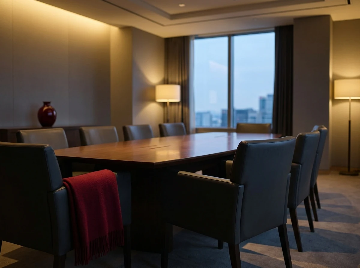 A modern professional boardroom at dusk